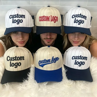 Two-Tone Custom Embroidered Stripe Vintage Cotton Pinstripe Trucker Snap Back a Frame Black and White Striped Baseball Hat Cap