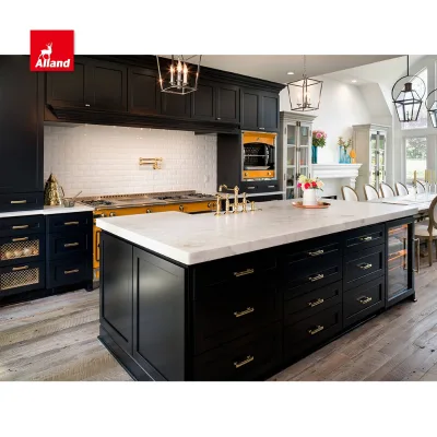 AllandCabinet Sale Customize Lacquer Finished Wooden Kitchen Cabinet with Marble Island Cabinet