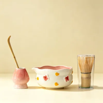 Hand-Painted Butterfly Heart Porcelain Matcha Bowl Tea-Whisking Tool Set Tea-Ceremony Accessories Chasen Stand