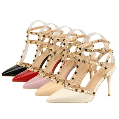 Summer Women's Pointed High Heels Slim Heels Buckle Strap Sandals Plus Size Shoes PU Upper Rubber Outsole Outdoor