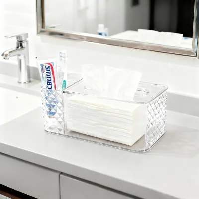 High-End Rectangle Transparent Multi-functional Tissue Box for Living Room Bathroom Modern Design Desktop Storage Injection