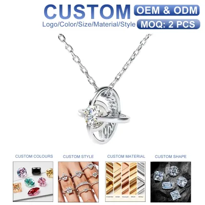 Custom White Gold Stereoscopic Planet 1ct VVS  Diamond Charms Real Silver Necklace 925 Sterling Moissanite Pendant Women