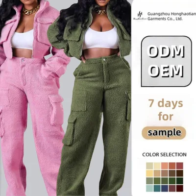 Fleece 2 Piece Sweatsuits Set Tracksuit Women Thick Zipper Jacket Cargo Sweat Pants Two Piece Joggers Set With Pocket