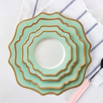 Elegant Luxury Factory Events Party Ceramic Plate Set Mint Green with Gold Rim Porcelain Dinnerware Set
