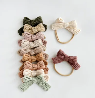 Newborn Baby Knitted Cotton Headband with Elastic Nylon Matching Knit Bows for Kids
