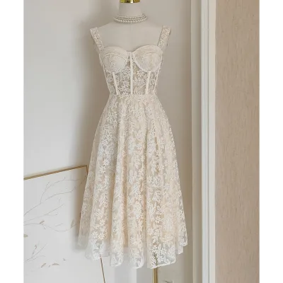 Elegant Summer New Dress Mesh Embroidery Perspective Strap Waist Slimming Dress