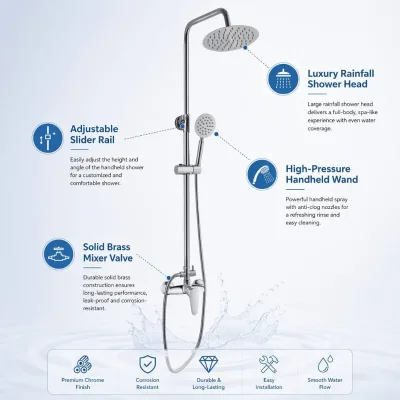 Modern Polished Chrome Rainfall Shower Set Wall Mounted with Adjustable Slider Rail