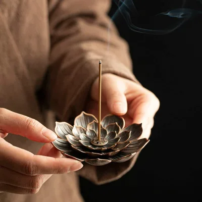 Mini Brass Buddha Incense Burner Lotus Stick Bakhoor Holder 5 Holes With Detachable Ash Catcher