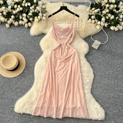 Womens Halter Dress Beaded Strapless Chiffon Dress Waist- Long Gown With Draped Neckline Halter Neck Dress