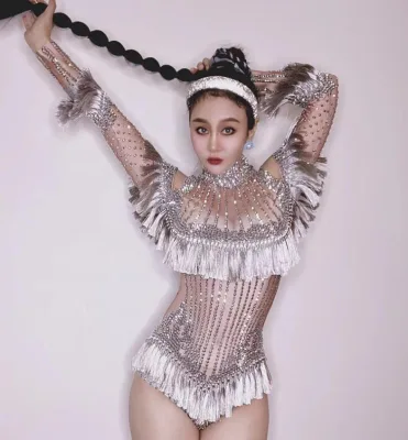 Sexy Full Diamond Shining Tassel Jumpsuit Pole Dance Performance Costume for Female Singer Song Dance Team Gogo Performance