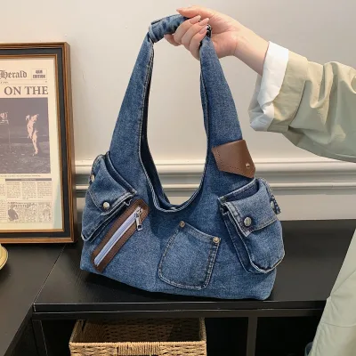 Denim Hobo Bag with Multi Pockets Detail for Daily Use, Shopping, Dating, Commuting and Trips Bag Women Jeans Underarm Handbag