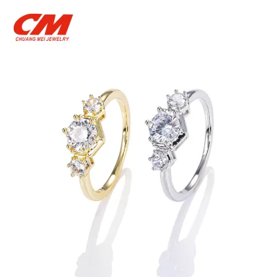 CM JEWELRY Custom Wholesale Brass Hot Sale Fashion Trendy 14k Gold Plated Rhodium Zircon 3 Stone Ring Daily Wear Ring OEM