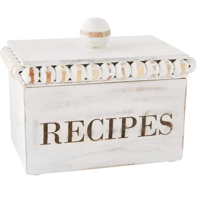 White Beaded Wood Rectangle Carved 2-Layer Portable Recipe Box