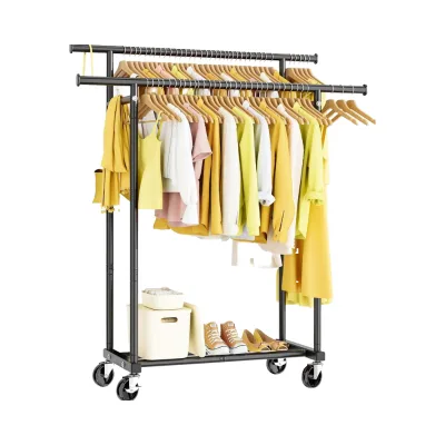 Double Rod Carbon Steel Non-Folding Living Room Garment Rack Sturdy Coat Clothes Modern Design Multifunction Easy Assembly