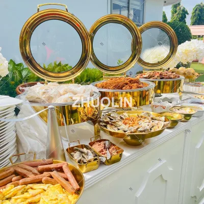Event Food Deco Water Pan Base Wedding Self Closing Chaffing Dishes with Glass Lid Circle Round Gold Hydraulic Chafing Dish
