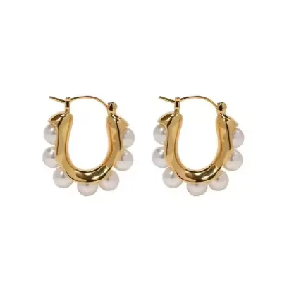 New Trendy U-Shaped Pearls Hoop Earrings Titanium Steel Geometric Pearls Earrings for Women