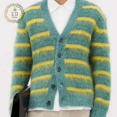 KD Custom New Cardigan Crochet Pattern Black Striped Mohair Sweater Handknitted Men Fuzzy Vintage Sweater Cardigan