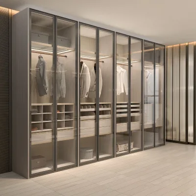 Reeded Fluted Glass Walk-In Closet with Black Metal Frame, LED Linear Light Illuminated Light Wood Grain Built-In Armoire