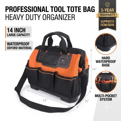 Professional 14 Inch Waterproof Oxford Tool Tote Bag Heavy Duty Organizer with Hard Base, Pockets and Shoulder Strap