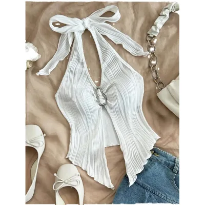 Y2K Breathable Knitted Polyester Spandex Women Summer Sleeveless Solid Split Backless Sexy V-neck Halter Neck Tank Tops