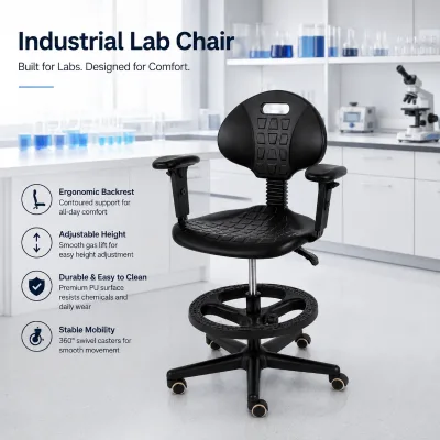 Industrial Lab Chair with Armrest Foot Ring Height Adjustable Rolling Chair for Laboratory