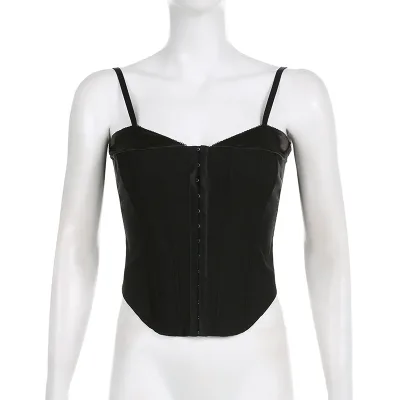 An Elegant Sexy Solid-color  Low-neck Buttoned  Fish-bone Elastic Waist-shaping U-shaped Hemmed Small-belted Backless Top.