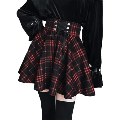 Womens Gothic Plaid Mini Skirts Punk Clothing Goth Clothes College Uniform Black Skort Steampunk Dress Pleated Skirt