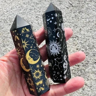 Wholesale carved natural seven chakras symbol on black obsidian crystal point for spiritual healing tower