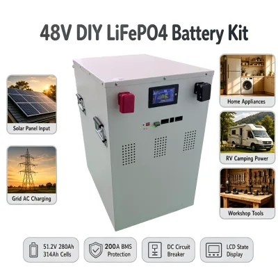 Wheeled Portable DIY Battery Kit Lithium Ion Batteries Pack 48V 51.2V 200A BMS LiFePO4 300Ah 280Ah 314Ah with LCD Display