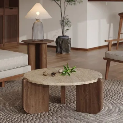 Round Shaped Living Room Wabi Sabi Travertine Walnut Coffee Table Nordic Style Natural Modern Luxury Coffee Table Wood
