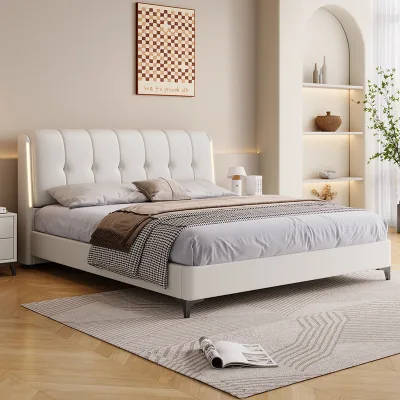 Wholesale Minimalist Design Solid Wood Frame Bed for Hotel Bedroom Furniture Leather Bed with Led Light
