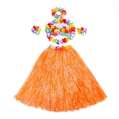 Girl's Elastic Hawaiian Hula Dancer Grass Skirt with Flower Costume Set Birthday Tropical Party Decorations