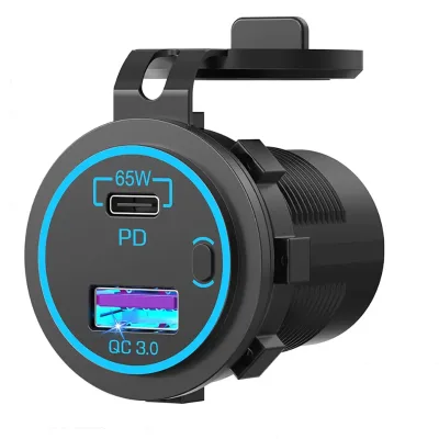 12V-24V Power Outlet QC 3.0 & PD 65W Button Switch for Laptop Versatile Voltage Laptop Charger
