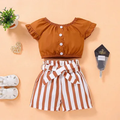 Children's summer short sleeve clothing girls stripe suit kids clothing wholesale