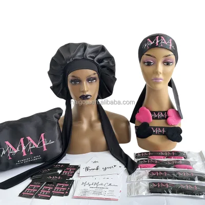 Personalised Private Label Custom Logo Print Soft Satin Night Sleep Durags Bonnet With Silk Hair Wrap Elastic Band Set