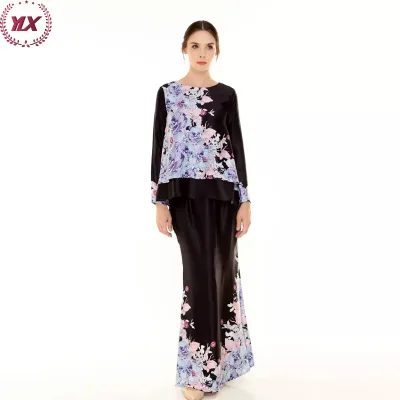 Elegant Watercolor Purple Peony Floral Printed Kurung, Gloss Satin Long Sleeve Islamic Women Hari Raya Evening Outfit