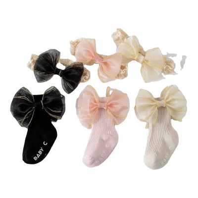 High Quality Spring Autumn Bow Lace Baby Socks Newborn Cotton Kids Girls Socks Headband Cute Princess Style Toddler Socks