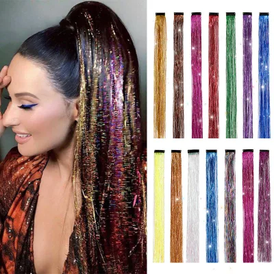 20-Inch Seamless BB Clip-In Synthetic Hair Extensions High Straight Twinkle Sparkle Glitter Highlights Wholesale Colored Glitter