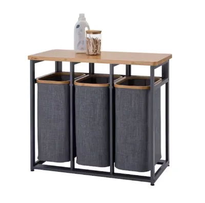 3 Section Laundry Sorter Hamper with Bamboo Top Metal Frame Removable Linen Bags Freestanding Triple Clothes Sorting Basket