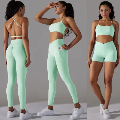 Hot Women Yoga Outfits Sexy Cross Back Workout Sports Bra Seamless High Crossover Waist Pockets Butt Lift Leggings Set