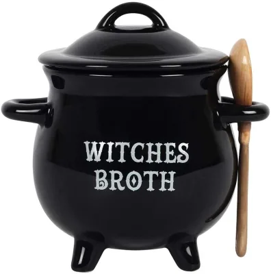 Pacific Giftware Witches Broth Cauldron Ceramic Bowl Broom Spoon Cauldron Soup Bowl