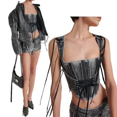 Ladies' Trendy Summer Casual Top with Exposed Strap Design Sexy Denim Bustier Fishbone Corset