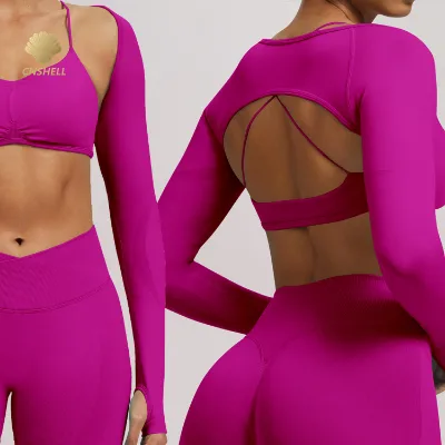 CNSHELL Long Sleeve Mini Bolero Top No Front Backless Anti-UV Thumbhole Seamless High Impact Outfit Silicone Logo Print