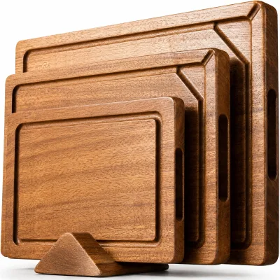 Acacia Wood 3-Piece Cutting Board Set Deep Juice Grooves Butcher Block Design 2.5cm Thick Rectangle Shape Combination Packaging