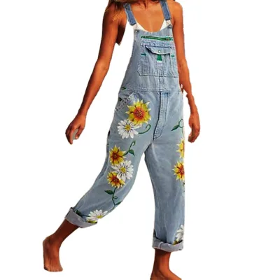P4606 Summer High Waist Trending Jeans Printed Denim Overalls Casual Jumpsuits for Women