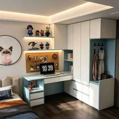 Luxury Bespoke L-shaped Bookcase Integrated Desk LED Glass Door Study Cabinet Home Office Furniture Modular Wardrobe Whole House