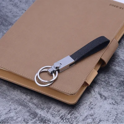 Metal Double-ring Men's High-end Keychain - Creative Business Waistband - Leather-covered with logo Embossed Pattern