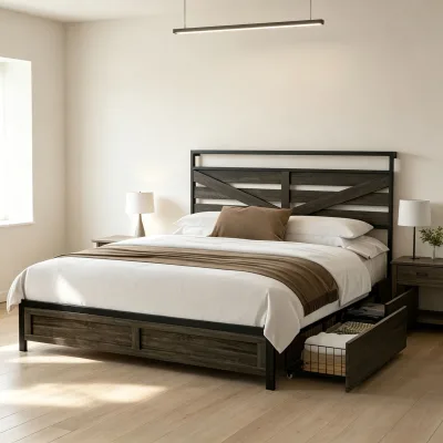 Space-Saving Metal Bed Frame with Under-Bed Storage Drawers Modern Farmhouse Style Platform Bed with Slat Support