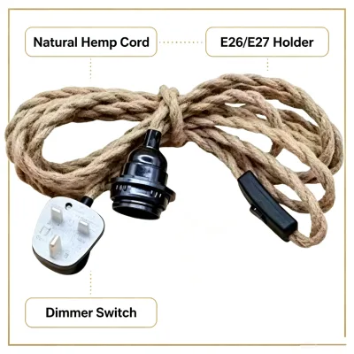 Vintage Twisted Hemp Jute Rope Pendant Light Extension Cord Kit E26E27 Lamp Holder Socket US EU UK AU Plug Dimmer on Off Switch