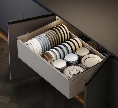 Modern Design Plate Type Aluminum Soft Pull Out Drawer Basket Multifunction Dish Cutlery Tray for Kitchen Storage Organizer